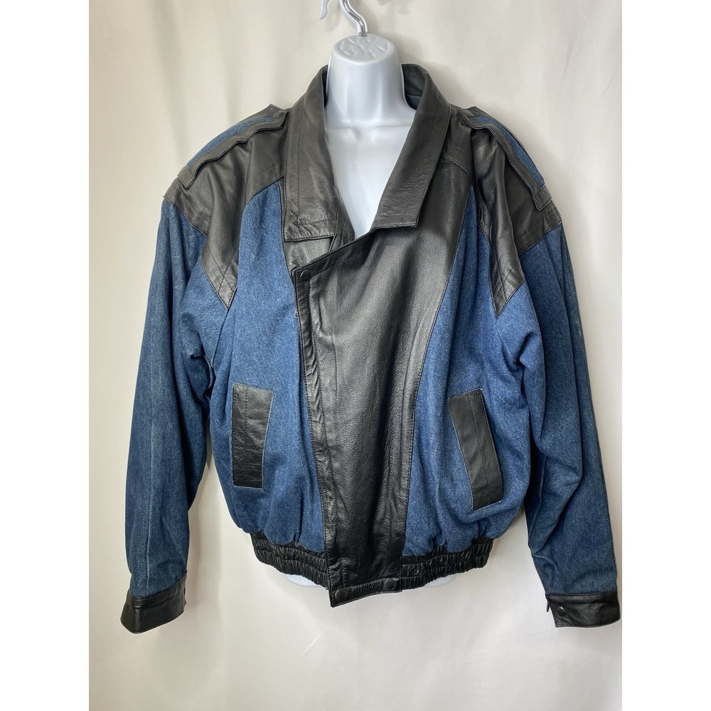 Vintage Womens Leather Denim Bomber Jacket Coat Size Large 80s Ranch Barn Rodeo